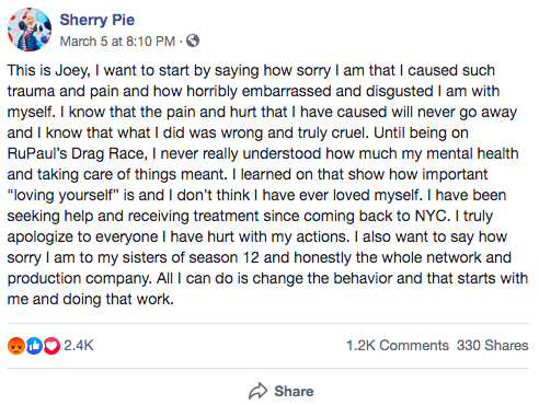 Sherry Pie apology